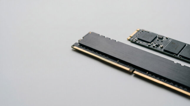 Computer ram modules with black heatsinks and nvme solid state drive