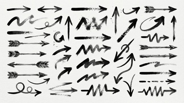 Hand drawn collection of black ink arrows featuring diverse shapes and artistic textures set against a clean white paper background for various creative design projects