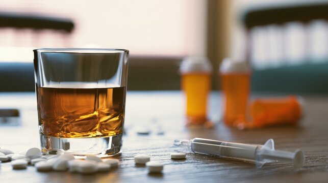 Glass of whiskey next to pills and a syringe on a wooden table