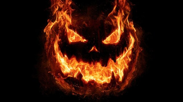 Scary Flaming Halloween Pumpkin Face with Burning Fire on Black Background