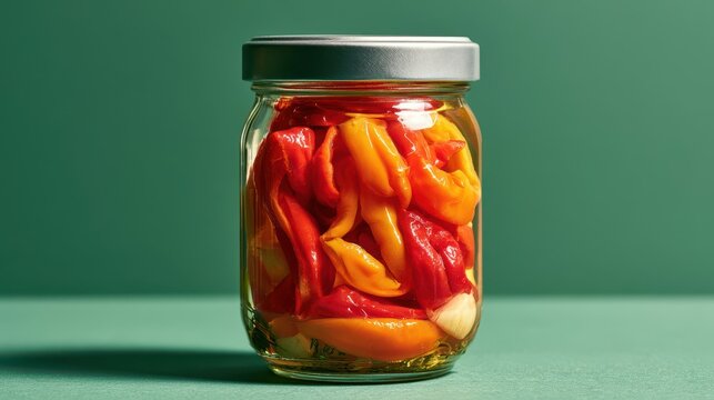 Glass Jar of Pickled Red and Yellow Peppers with Garlic on Green Background