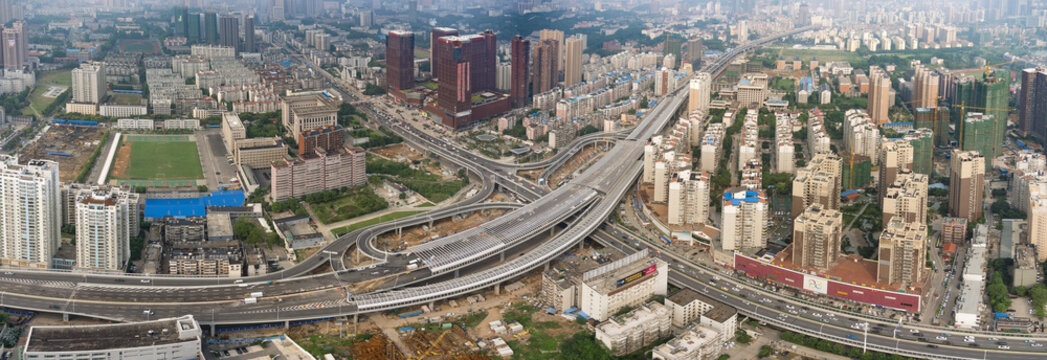Elevated Highway Interchange in Dense Urban Cityscape