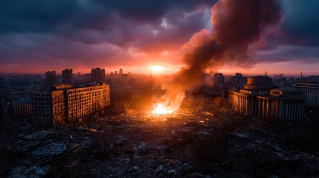 Drone Attack Aftermath in Destroyed City with Fire and Smoke at Sunset