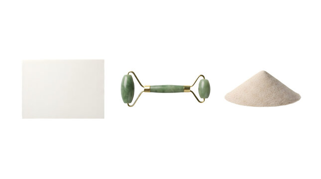 PNG jade roller and powder for skincare routine isolated on transparent background