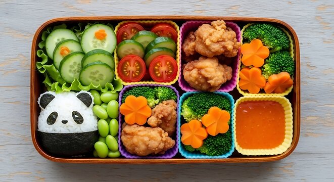 Japanese bento box lunch with a panda shaped rice ball, fried chicken, broccoli, sliced cucumbers, cherry tomatoes, and carrots on a gray table