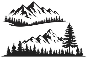 Fototapeta premium Mountains trees and forest landscape, black and white vector illustration depicting peaceful wilderness scenery with natural elements.
