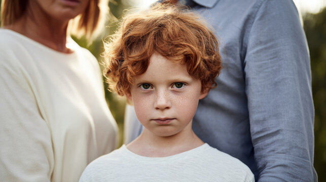 Child stands between parents in outdoor setting during golden hour while looking directly at the camera with a serious expression