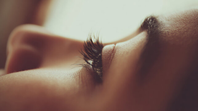 Close up of a person lying down with eyes closed and eyelashes visible