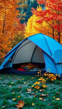 Vibrant autumn foliage surrounds a cozy blue camping tent, forest, leaves