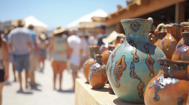 Handmade pottery displays attract visitors at a vibrant market, with artisans and shoppers enjoying a sunny day outdoors