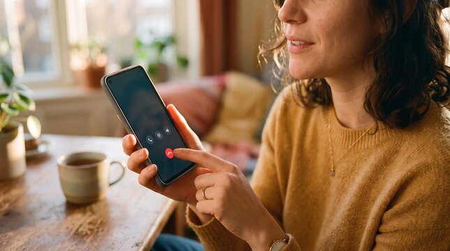 A woman wearing a yellow sweater sits at a rustic wooden table indoors, using her finger to press the red end call icon on a smartphone, mobile, tech.
