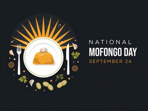 National mofongo day illustration with plate of traditional food and cutlery on dark background