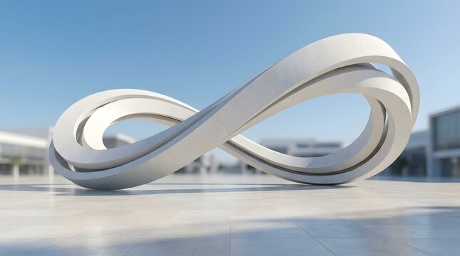 Reflective infinity sculpture against blue sky and modern building exterior