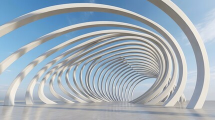 Naklejka premium Futuristic architectural tunnel with repeating arches leading to a bright blue sky