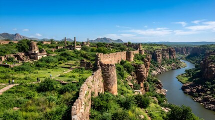 Fototapeta premium Bright daytime view of ancient hilltop fortress walls overlooking a winding river canyon, with lush green vegetation, rugged cliffs, historic stone towers, distant mountains, and clear blue sky for sc
