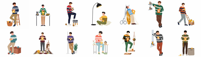 Fototapeta premium A collection of flat-style illustrations featuring young men engaged in various daily life activities, household chores, and relaxing hobbies at home.