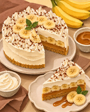 Banoffee Cake : A comforting banoffee cake layered with soft sponge, caramel, fresh banana slices, and whipped cream, finished with caramel drizzle and chocolate crumbs.
