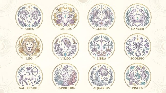 Twelve intricate zodiac signs illustrated with elegant floral details and mystical symbols arranged in gold circular frames on a clean light cream background for astrology