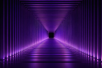 Fototapeta premium Futuristic violet neon light corridor background with 3D ridges
