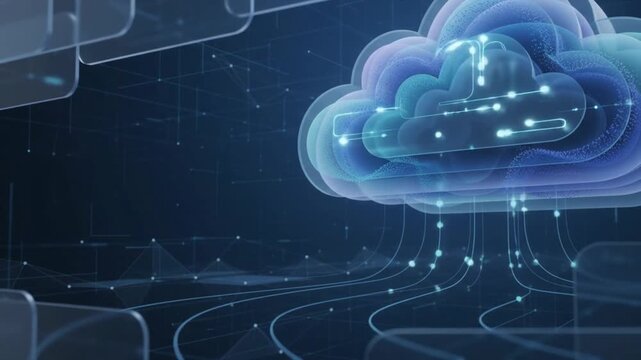 Futuristic cloud synchronization background with luminous data streams, floating transparent layers and smooth digital particles moving through a clean blue environment.