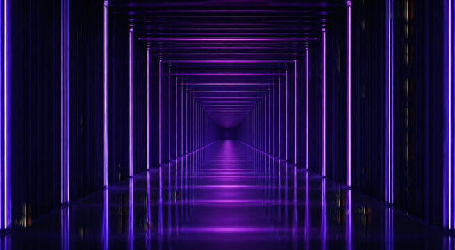 Futuristic violet neon light corridor background with 3D ridges