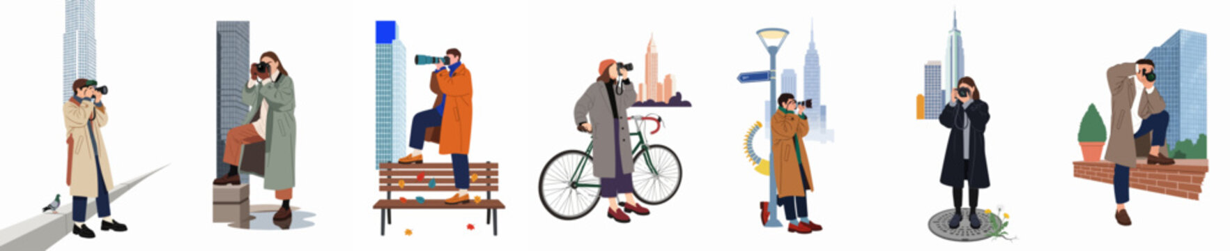 Collection of minimalist illustrations depicting photographers capturing various urban scenes and street photography moments across different city locations.