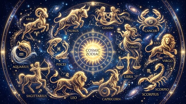 Golden zodiac wheel featuring all twelve astrological signs intricately illustrated against a deep navy blue background filled with glowing nebulae and bright shimmering cosmic star clusters