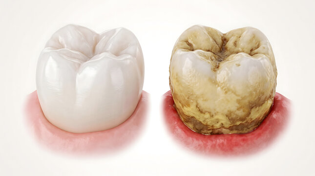 Healthy Clean Tooth Versus Plaque Diseased Tooth Showing Red Inflamed Gums Visual