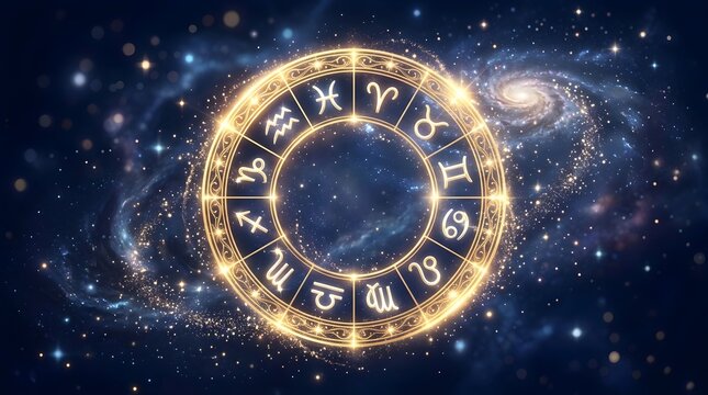 Glowing golden zodiac wheel featuring twelve astrological signs suspended within a sparkling dark blue nebula filled with brilliant stars and swirling cosmic dust patterns of space