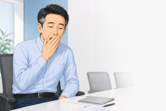 日中の強い眠気に悩むミドル男性のイラスト（男性更年期・慢性疲労のイメージ）