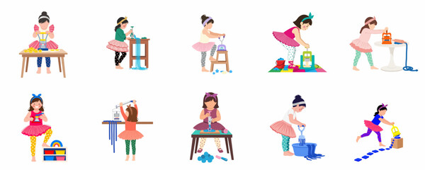 Fototapeta premium Set of illustrations depicting little girls engaged in various creative and sensory play activities like making slime, building blocks, and hands-on experiments.