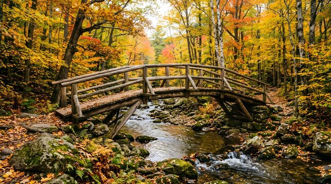 A picturesque wooden bridge spanning a gentle stream in an autumn forest surrounded by colorful fallen leaves and mossy rocks First Day of Fall