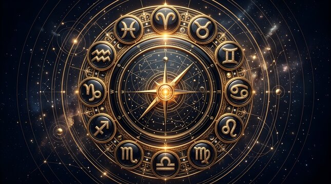 Intricate golden zodiac wheel featuring twelve astrological signs surrounding a glowing navigational compass star set against a dark deep space background filled with shimmering cosmic stardust
