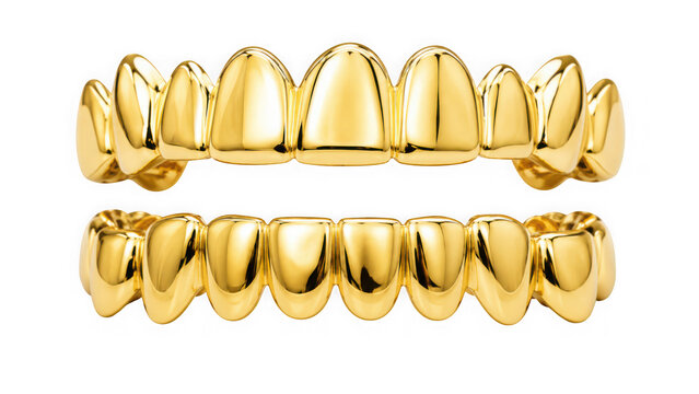 Set of gold teeth grills isolated on transparent background