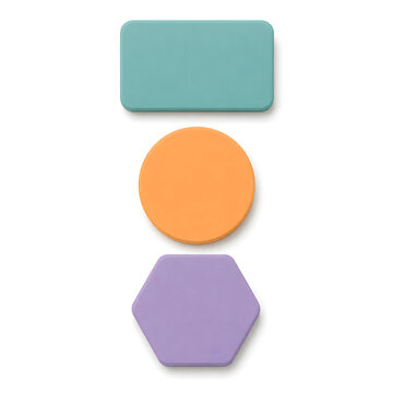Stack of three basic geometric shapes 3D render isolated on white background, representing UI graphic elements, abstract blocks, and color layout template.