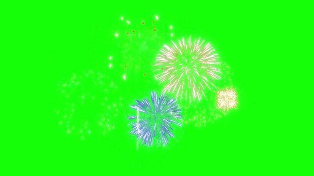 Fireworks overlay features vibrant exploding pyrotechnics against a solid green screen for compositing project designs.