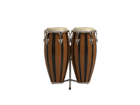 Pair of wooden conga drums with metal hardware set on stand for Latin music performance and practice transparent background