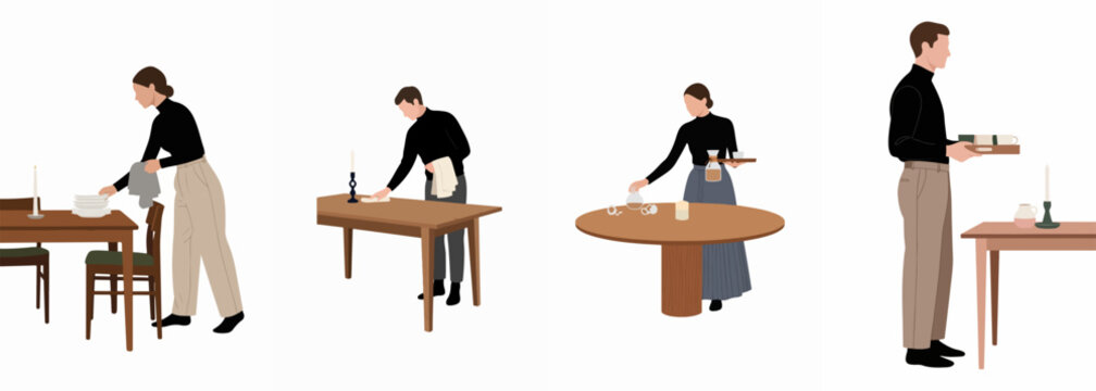 Collection of minimalist flat vector illustrations of people performing household chores and serving at dining tables, ideal for architectural visualization projects.