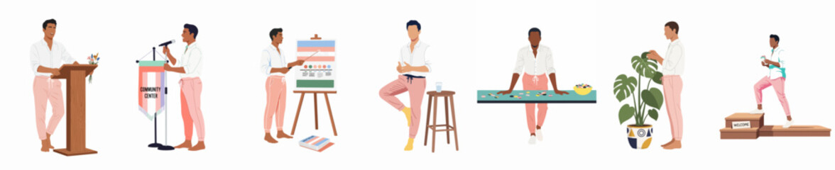 Fototapeta premium Set of flat illustrations showing a man in various business and lifestyle poses including public speaking, presenting, and exercising on a white background.