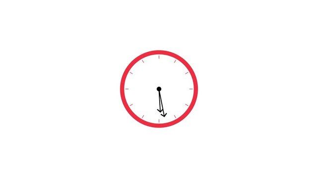 Minimalist red wall clock moving hands time lapse isolated on white background, watch