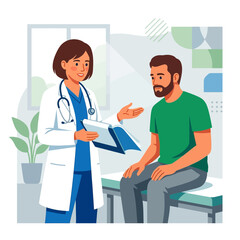 Fototapeta premium Doctor consults male patient in clinic, flat vector illustration