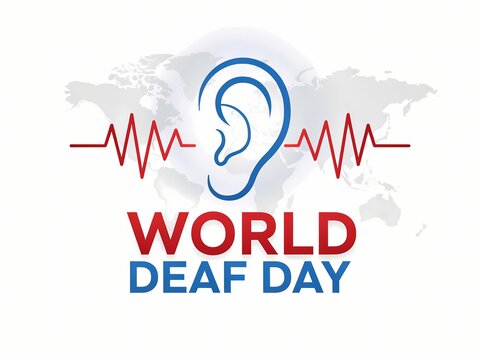 World deaf day illustration with a human ear symbol and heart rate sound wave over a world map