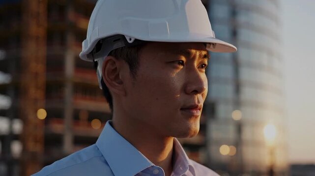 Potret engineer at blured background building 