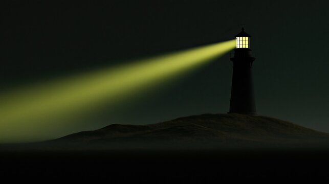 Shining lighthouse standing on grassy hill emitting warm yellow light beam through dark night, coastal navigation safety and guidance hope concept