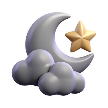 3D night sky icon with crescent moon and star on transparent background
