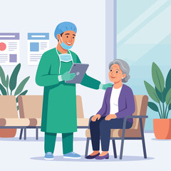 Fototapeta premium Doctor reassures elderly patient in hospital waiting room, vector illustration