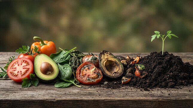 Fresh Fruits and Vegetables Transforming into Compost and Nutrient-Rich Soil with Growing Plant