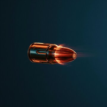 Copper bullet moving through dark blue background with glowing motion blur trailing behind it, speed power and weapon ammunition concept