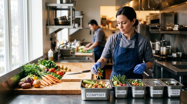 Chef Sorting Food Scraps and Imperfect Produce in Professional Kitchen, Food Waste Reduction and Sustainable Cooking Concept