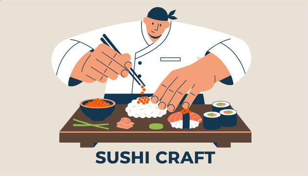 Professional sushi chef carefully prepares a variety of fresh nigiri and rolls on a wooden board at a restaurant for an Asian theme.